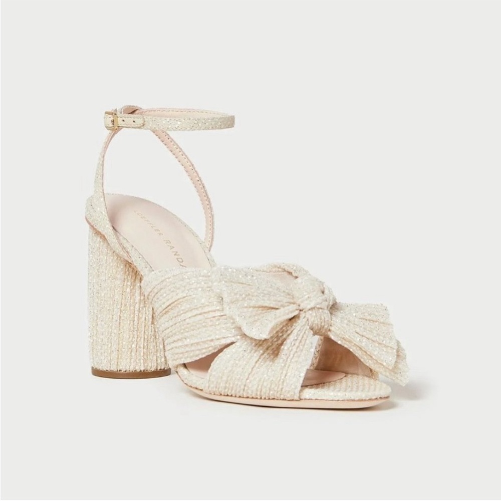 Loeffler Randall Cream Beaded Bow Block Heel Sandals